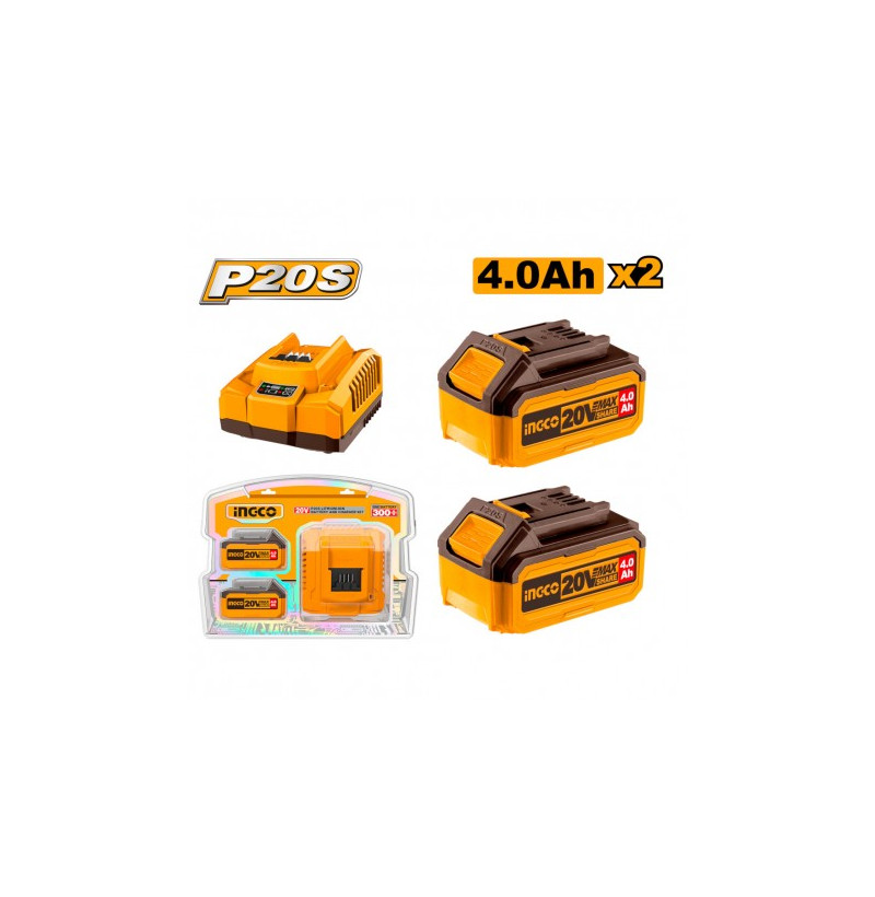 Ingco FBCPK1424E – Kit 2 Batterie 20V 4.0Ah + Caricabatterie rapido P20S