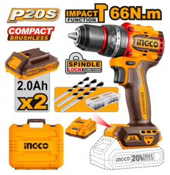 Trapano avvitatore a percussione brushless da 20V, compatto e potente (66Nm), con 2 batterie 2.0Ah, caricabatterie rapido e vali