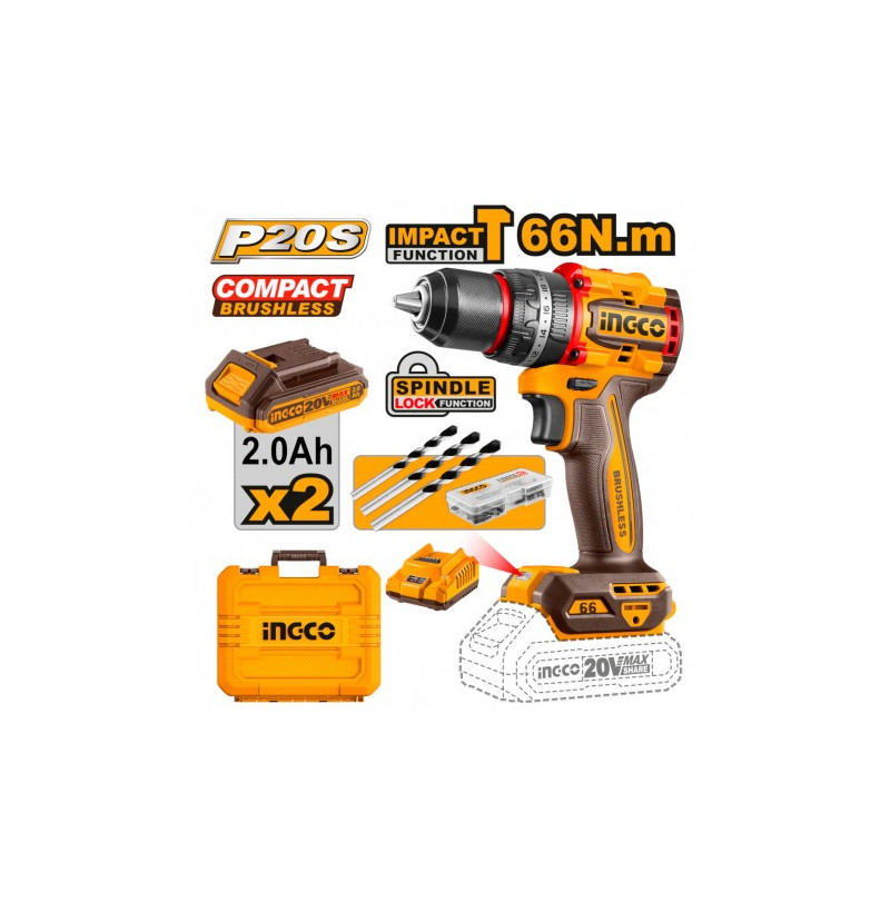 Trapano avvitatore a percussione brushless da 20V, compatto e potente (66Nm), con 2 batterie 2.0Ah, caricabatterie rapido e vali